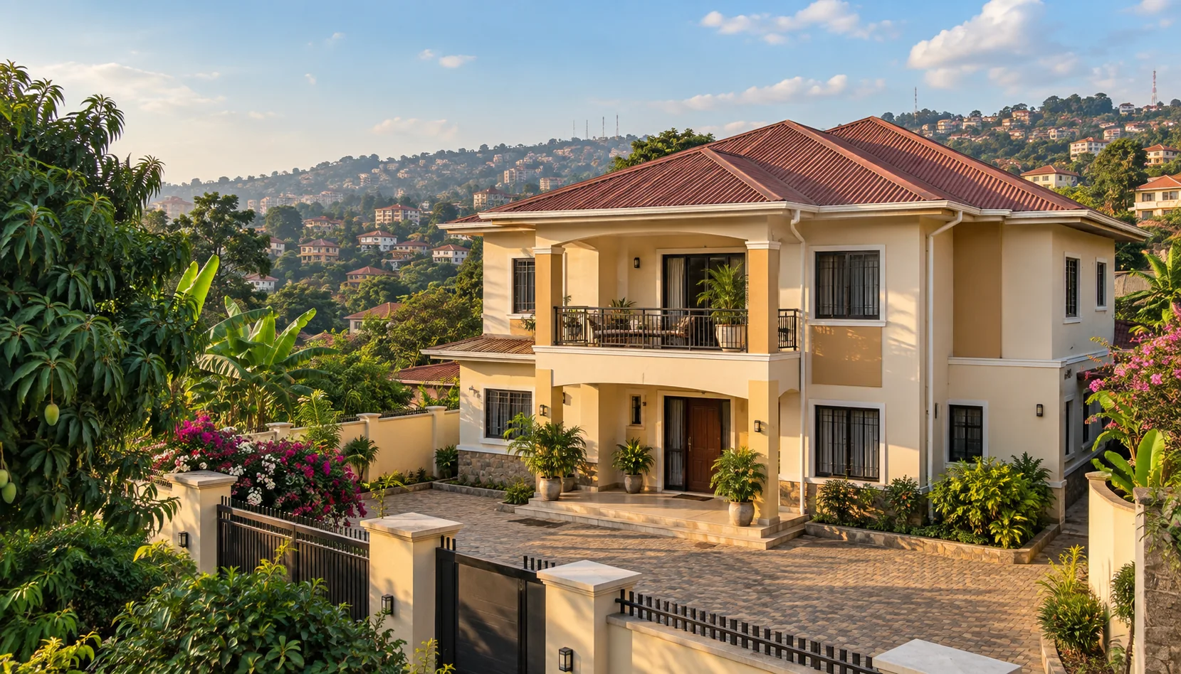 Maison familiale inspirée de Yaoundé, avec toiture rouge et cour arborée